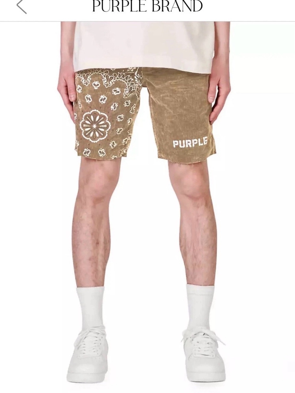 PURPLE BRAND Men’s Tan Corduroy Jean Shorts with Bandana Print - Picture 2 of 3
